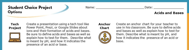 The top section of the Student Choice Project options. The displayed options read "Tech Project" and "Anchor Chart". Each goes into more detail about how the project will help students learn and what the specific project tasks the student with.