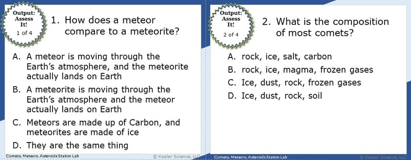 A screenshot of two multiple-choice Assess it! questions. The first reads; "How does a meteor compare to a meteorite?" and contains similar sounding answers. The second asks; "What is the composition of most comets?" and lists several similar but different compositions.