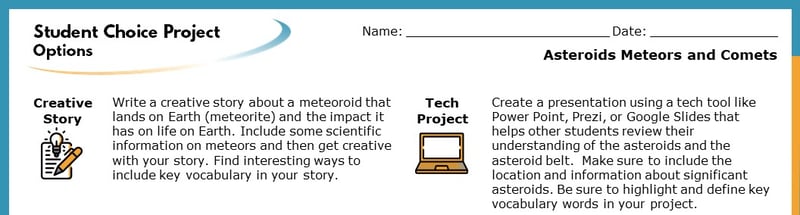 The top section of Student Choice Project sheet showing two of nine project options. The options shown are "Creative Story" and "Tech Project". Each goes into more detail about how the project will help students learn and what the specific project tasks the student with. The top section of Student Choice Project sheet showing two of nine project options. The options shown are "Creative Story" and "Tech Project". Each goes into more detail about how the project will help students learn and what the specific project tasks the student with.