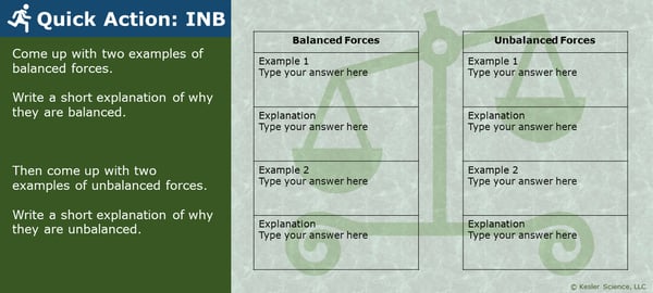 A PowerPoint slide. Its text reads; "Quick Action: INB. Come up with two examples of balanced forces. Write a short explanation of why they are balanced. Then come up with two examples of unbalanced forces. Write a short explanation of why they're unbalanced.". To the righ tof this are two areas for students to write down their examples and explanations for both balanced and unbalanced forces.