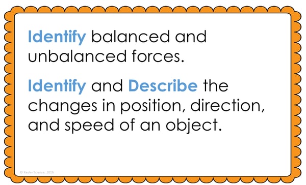 Text reading; "Identify balanced and unbalanced forces. Identify and Describe the changes in position, direction, and speed of an object."