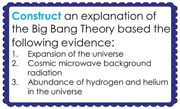 Text reading; "Construct an explanation of the Big Bang Theory based on the following evidence: 1. Expansion of the universe. 2. Cosmic microwave background radiation. 3. Abundance of hydrogen and helium in the universe." 