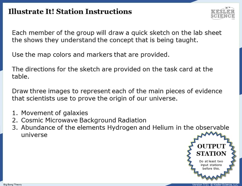 Illustrate It! Station Instructions. Each member of the group will draw a quick sketch on the lab sheet that shows they understand the concept that is being taught. Use the map colors and markers that are provided. The directions for the sketch are provided on the task card at the table. Draw three images to represent each of the main pieces of evidence that scientists use to prove the origin of our universe. 1. Movement of galaxies. 2. Cosmic Microwave Background Radiation. 3. Abundance of the elements Hydrogen and Helium in the observable universe.