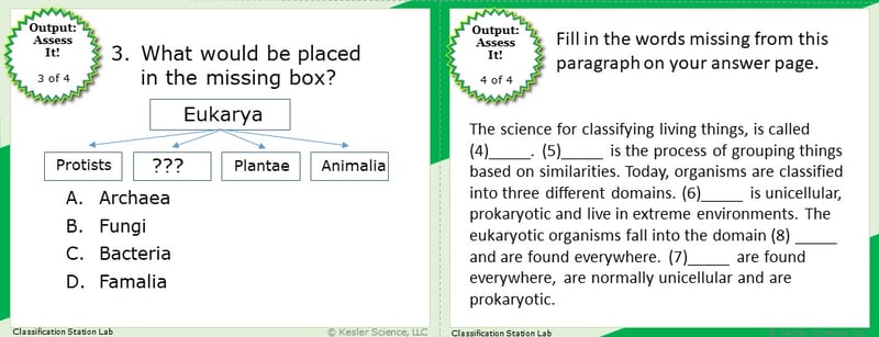 A screenshot of two multiple-choice Assess it! questions. The first asks students to identify a missing member of Eukarya. The second asks students to identify a missing characteristic of Bacteria. A screenshot of two multiple-choice Assess it! questions. The first asks students to identify a missing member of Eukarya. The second asks students to identify a missing characteristic of Bacteria.