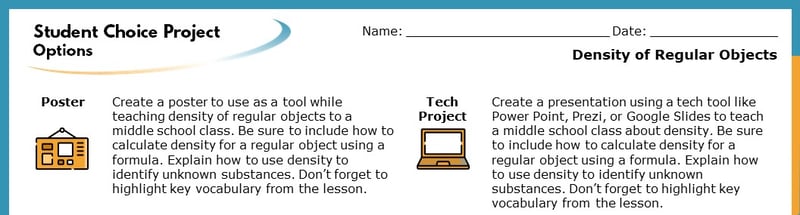 The top section of the Student Choice Project options. The displayed options read "Poster" and "Tech Project". Each goes into more detail about how the project will help students learn.