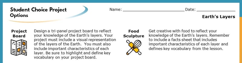 The top section of the Student Choice Project options. The displayed options read "Project Board" and "Food Sculpture". Each goes into more detail about how the project will help students learn.