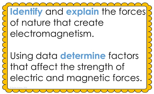 Text reading; “Identify and explain the forces of nature that create electromagnetism. Using data determines factors that effect the strengthof electric and magnetic forces.”