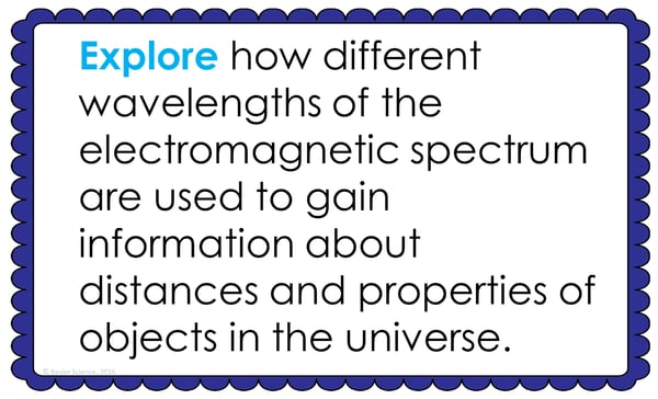 Text reading; “Explore how different wavelengths of the electromagnetic spectrum are used to gain information aobut distances and properties of objects in the universe.”
