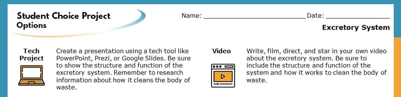 The top section of the Student Choice Project options. The displayed options read "Tech Project" and "Video". Each goes into more detail about how the project will help students learn.