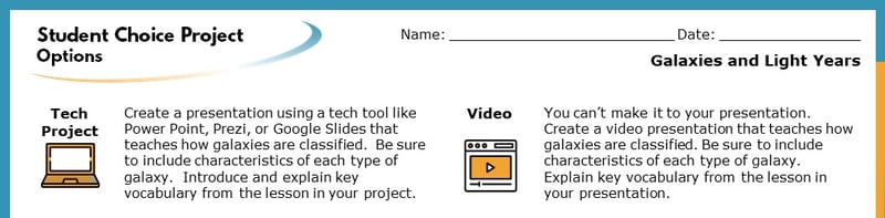 The top section of the Student Choice Project options. The displayed options read "Tech Project" and "Video". Each goes into more detail about how the project will help students learn. The top section of the Student Choice Project options. The displayed options read "Tech Project" and "Video". Each goes into more detail about how the project will help students learn.