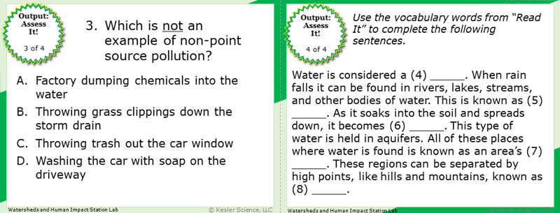 A screenshot of two multiple-choice Assess it! questions. The first asks students "Which is not an example of non-point source pollution?". The second asks students to use vocabulary words from the Read It section to complete five different sentences.