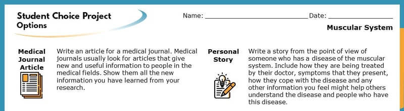 The top section of the Student Choice Project options. The displayed options read "Medical Journal Article" and "Personal Story". Each goes into more detail about how the project will help students learn.