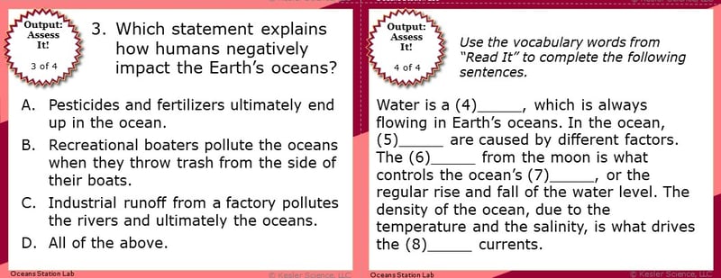 A screenshot of two multiple-choice Assess it! questions. The first asks students "Which statement explains how humans have negatively impacted the Earth's oceans?". The second asks students to complete five different sentences using vocabulary words from the Read It section.