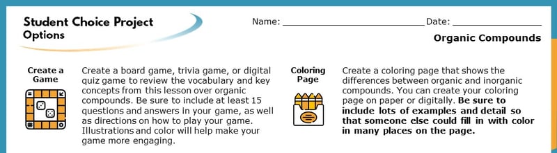 The top section of the Student Choice Project options. The displayed options read "Create a Game" and "Coloring Page". Each goes into more detail about how the project will help students learn.