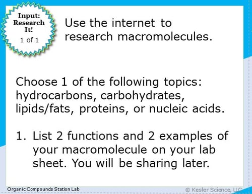 Input: Research It! instructions. Use the internet to research macromolecules. Choose 1 of the following topics: hydocarbons, carbohydrates, lipids/fats, proteins, or nucleic acids. 1. List 2 functions and 2 examples of your macromolecule on your lab sheet. You'll be sharing it later. Input: Research It! instructions. Use the internet to research macromolecules. Choose 1 of the following topics: hydocarbons, carbohydrates, lipids/fats, proteins, or nucleic acids. 1. List 2 functions and 2 examples of your macromolecule on your lab sheet. You'll be sharing it later.