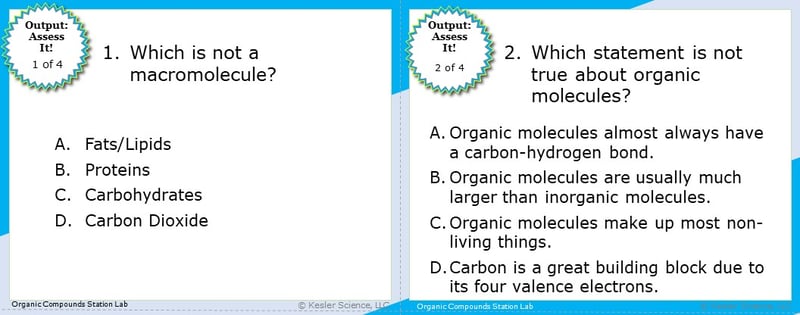 A screenshot of two multiple-choice Assess it! questions. The first asks students "Which is not a macromolecule?". The second asks students "Which statement is not true about organic molecules?".