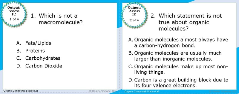 A screenshot of two multiple-choice Assess it! questions. The first asks students "Which is not a macromolecule?". The second asks students "Which statement is not true about organic molecules?". A screenshot of two multiple-choice Assess it! questions. The first asks students "Which is not a macromolecule?". The second asks students "Which statement is not true about organic molecules?".
