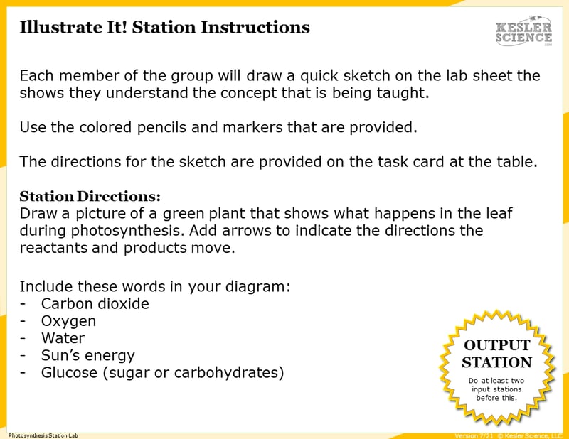 Illustrate It! Station Instructions. Each member of the group will draw a quick sketch on the lab sheet that shows they understand the concept that is being taught. Use the colored pencils and markers that are provided. The directions for the sketch are provided on the task card at the table. Station Directions: Draw a picture of a green plant taht shows what happens in the leaf during photosynthesis.. Add arrows to indicate the directions the reactants and products move. Include these words in your diagram: Carbon dioxide, Oxygen, Water, Sun's energy, Glucose (sugar or carbohydrates).