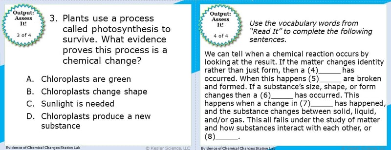 A screenshot of two multiple-choice Assess it! questions. The first asks what evidence proves photosynthesis is a chemical change. The second asks students to use vocabulary words to complete five sentences.