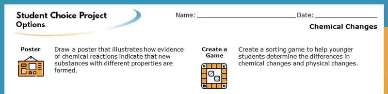 The top section of the Student Choice Project options. The displayed options read "Poster" and "Create a Game". Each goes into more detail about how the project will help students learn.