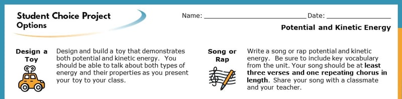 The top section of the Student Choice Project options. The displayed options read "Describe a Toy" and "Song or Rap". Each goes into more detail about how the project will help students learn.