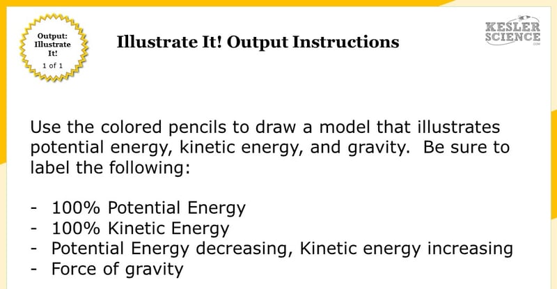 Illustrate It! Output Instructions. Use the colored pencils to draw a model that illustrates potential energy, kinetic energy, and gravity. Be sure to label the following: 100% Potential Energy, 100% Kinetic Energy, Potential energy decreasing/Kinetic energy increasing, force of gravity.