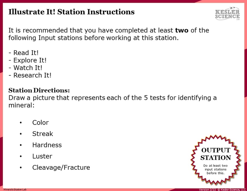 Illustrate It! Station Instructions. It's recommended that you have completed at least two of the following Input stations before working at this station. Read It! Explore It! Watch It! Research It! Station Directions: Draw a picture that represents each of the five tests for identifying a mineral; Color, streak, hardness, luster, cleavage/fracture.