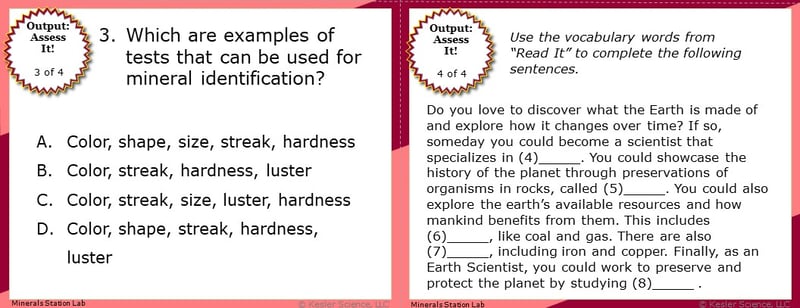 A screenshot of two multiple-choice Assess it! questions. The first asks students "Which are examples of tests that can be used for mineral identification?". The second asks students to use vocabulary words from the Read It section to complete five different sentences.