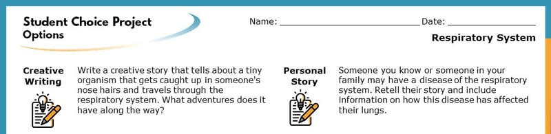 The top section of the Student Choice Project options. The displayed options read "Creative Writing" and "Personal Story". Each goes into more detail about how the project will help students learn.