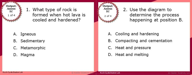 A screenshot of two multiple-choice Assess it! questions. The first asks students "What type of rock is formed when lava is cooled and hardened?". The second asks students to use a diagram they've been provided to determine what process is happening at position B in that diagram. The diagram is not included in the screenshot.