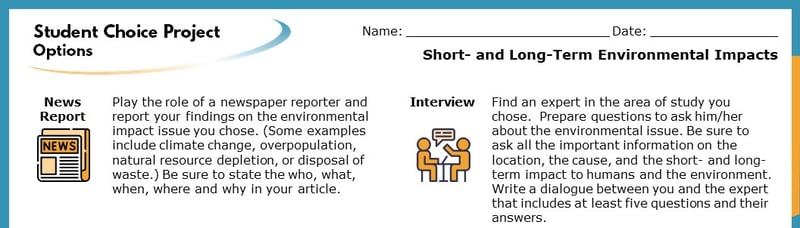 The top section of the Student Choice Project options. The displayed options read "News Report" and "Interview". Each goes into more detail about how the project will help students learn.