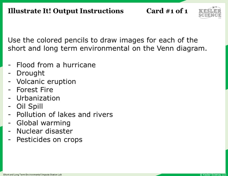 Illustrate It! Output Instructions. Card #1 of 1. Use the colored pencils to draw images for each of the short and long term envionmental changes below on the Venn diagram. Flood from a hurricane, drought, volcanic eruption, forest fire, urbanization, oil spill, pollution of lakes and rivers, global warming, nuclear disaster, and pesticides on crops.