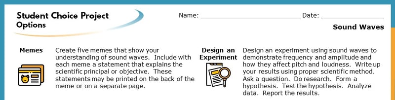 The top section of the Student Choice Project options. The displayed options read "Memes" and "Design an experiment". Each goes into more detail about how the project will help students learn.