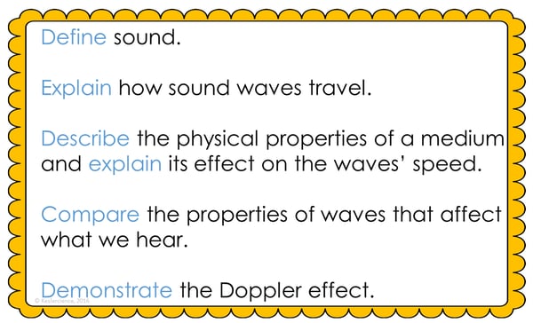 Text reading; "Define sound. Explain how sound waves travel. Describe the physical properties of a medium and explain its effect on the waves' speed. Compare the properties of waves that affect what we hear. Demonstrate the Doppler effect."