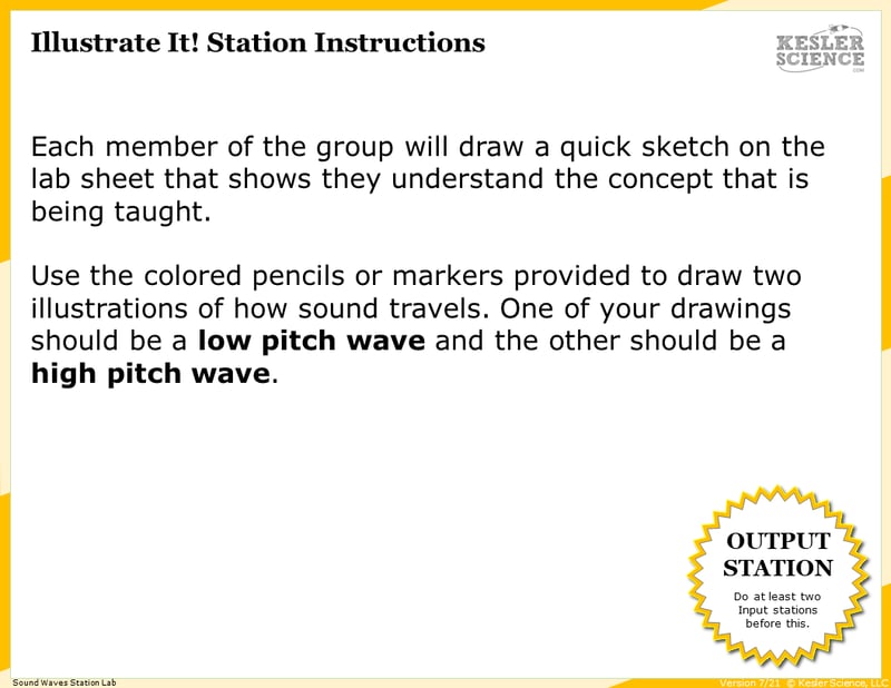 Illustrate It! Station Instructions. Each member of the group will draw a quick sketch on the lab sheet that shows they understand the concept that's being taught. Use the colored pencils or markers provided to draw two illustrations of how sound travels. One of your drawings should be a low pitch wave, and the other should be a high pitch wave.