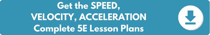 A banner which reads "Get the SPEED, VELOCITY, ACCELERATION Complete 5E Lesson Plans". 