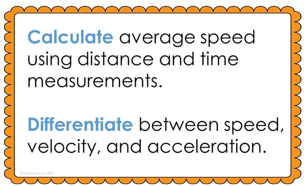 Text reading; "Calculate average speed using distance and time measurements. Differentiate between speed, velocity, and acceleration." Text reading; "Calculate average speed using distance and time measurements. Differentiate between speed, velocity, and acceleration."