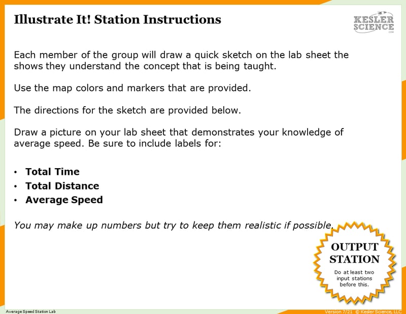 Illustrate It! Station Instructions. Each member of the group will draw a quick sketch on the lab sheet that shows they understand the concept that is being taught. Use the map colors and markers that are provided. The directions for the sketch are provided below. Draw a picture on your lab sheet that demonstrates your knowledge of average speed. Be sure to include labels for: Total time. Total distance. Average speed. You may make up numbers but try to keep them realistic if possible. Illustrate It! Station Instructions. Each member of the group will draw a quick sketch on the lab sheet that shows they understand the concept that is being taught. Use the map colors and markers that are provided. The directions for the sketch are provided below. Draw a picture on your lab sheet that demonstrates your knowledge of average speed. Be sure to include labels for: Total time. Total distance. Average speed. You may make up numbers but try to keep them realistic if possible.