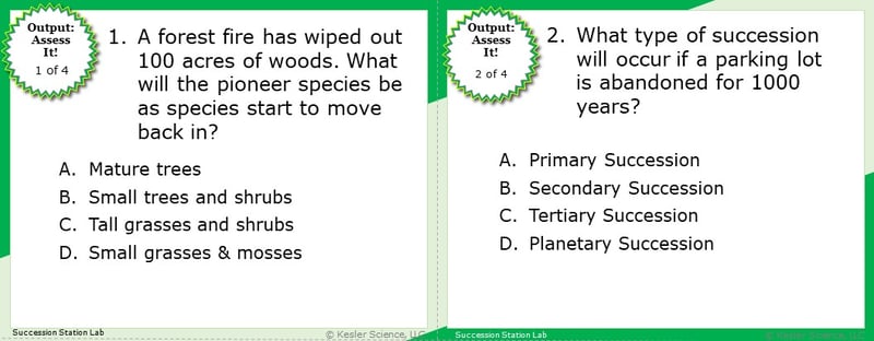 A screenshot of two multiple-choice Assess It! questions. The first asks students; "A forest fire has wiped out 100 acres of woods. What will the pioneer species be as species start to move back in?". The second asks students "What type of succession will occur if a parking lot is abandoned for 1000 years?". A screenshot of two multiple-choice Assess It! questions. The first asks students; "A forest fire has wiped out 100 acres of woods. What will the pioneer species be as species start to move back in?". The second asks students "What type of succession will occur if a parking lot is abandoned for 1000 years?".