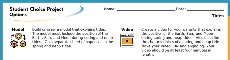 The top section of the Student Choice Project options. The displayed options read "Model" and "Video". Each goes into more detail about how the project will help students learn. The top section of the Student Choice Project options. The displayed options read "Model" and "Video". Each goes into more detail about how the project will help students learn.