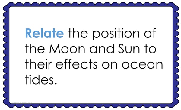 Text reading; “Relate the position of the Moon and Sun to their effects on ocean tides.” Text reading; “Relate the position of the Moon and Sun to their effects on ocean tides.”