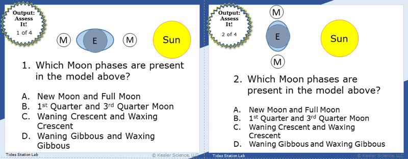 A screenshot of two multiple-choice Assess it! questions. The first asks students "Which moon phases are present in the model above?". The second asks students "Which Moon phases are present in the model above?".