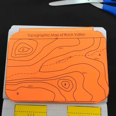 A photo of the paper INB, cut out and glued into a notebook. This INB is a topographic map, and must be looked at sideways. The map can be lifted up to see sample problems for students to solve and read more information about how to read topographic maps. A photo of the paper INB, cut out and glued into a notebook. This INB is a topographic map, and must be looked at sideways. The map can be lifted up to see sample problems for students to solve and read more information about how to read topographic maps.