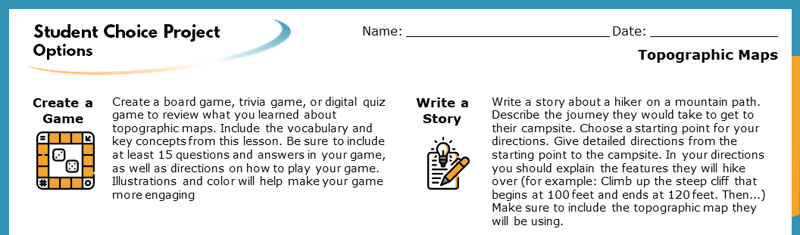 The top section of the Student Choice Project options. The displayed options read "Create a Game" and "Write a Story". Each goes into more detail about how the project will help students learn. The top section of the Student Choice Project options. The displayed options read "Create a Game" and "Write a Story". Each goes into more detail about how the project will help students learn.