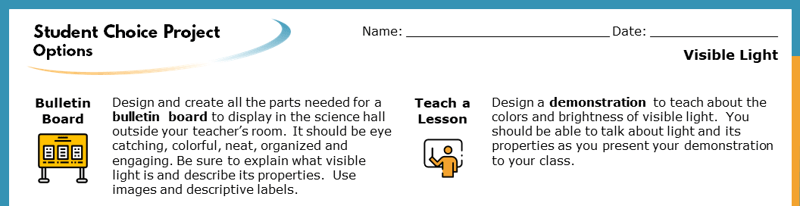 The top section of the Student Choice Project options. The displayed options read "Bulletin Board" and "Teach a Lesson". Each goes into more detail about how the project will help students learn.