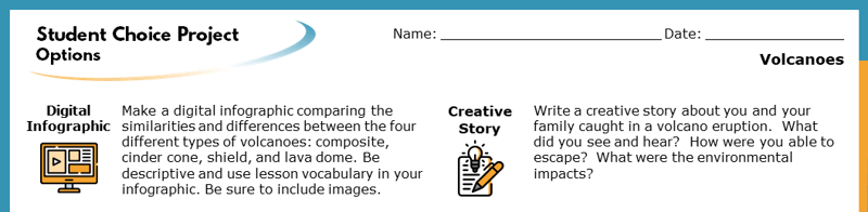 The top section of the Student Choice Project options. The displayed options read "Digital Infographic" and "Creative Story". Each goes into more detail about how the project will help students learn.