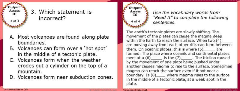 A screenshot of two multiple-choice Assess it! questions. The first asks students to identify which of four statements about volcanoes is incorrect. The second asks students to use vocabulary words from the Read It section to fill in the blanks in five different sentences.