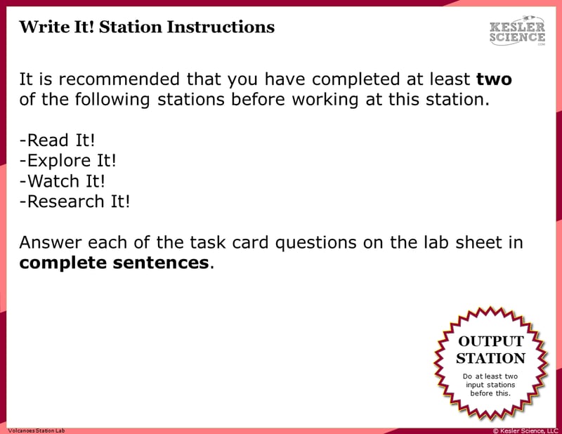 Write It! Station Instructions. It's recommended that you have completed at least two of the following stations before working at this station. Read It! Explore It! Watch It! Research It! Answer each of the task card questions on the lab sheet in complete sentences.