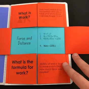 A photo of the paper INB, cut out and glued into a notebook. This INB consists of six paper tabs, on the front of which is either a vocabulary questions or a sample problem. Opening the tab will give students the answer ot the question on the front of the tab.