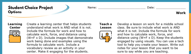 The top section of the Student Choice Project options. The displayed options read "Learning Center" and "Teach a Lesson". Each goes into more detail about how the project will help students learn.